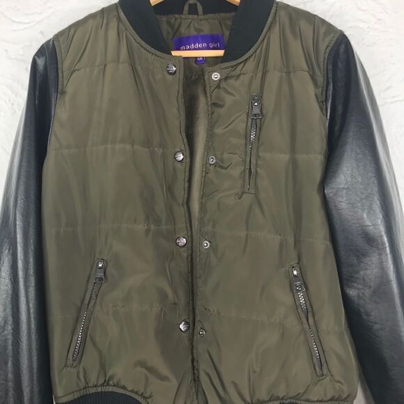Madden Girl Olive Faux Black Leather Puffer Jacket - Picture 6 of 13